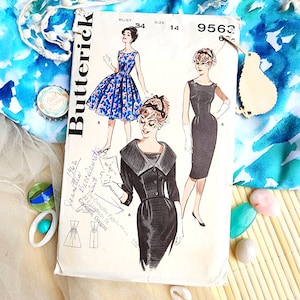 Könnte beinhalten: Vintage-Schnittmuster für zwei Kleider, eines schwarz und eines mit Blumenmuster. Das Schnittmuster ist von Butterick und hat die Größe 14, Brustumfang 34. Die Schnittmuster-Nummer ist 9563.