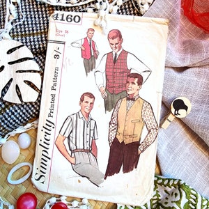 May include: Vintage Simplicity sewing pattern for a men's waistcoat and shirt. The pattern is printed on paper and shows a man wearing a checked waistcoat and a striped shirt. The pattern number is 4160 and the size is 36 (chest).