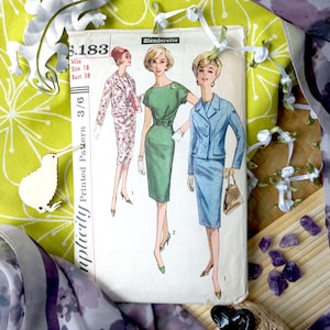 May include: Vintage Simplicity sewing pattern S.183 featuring illustrations of women's dresses and suits. The pattern includes measurements for a size 18 with a 38-inch bust. The cover art showcases mid-century fashion designs in various colors.