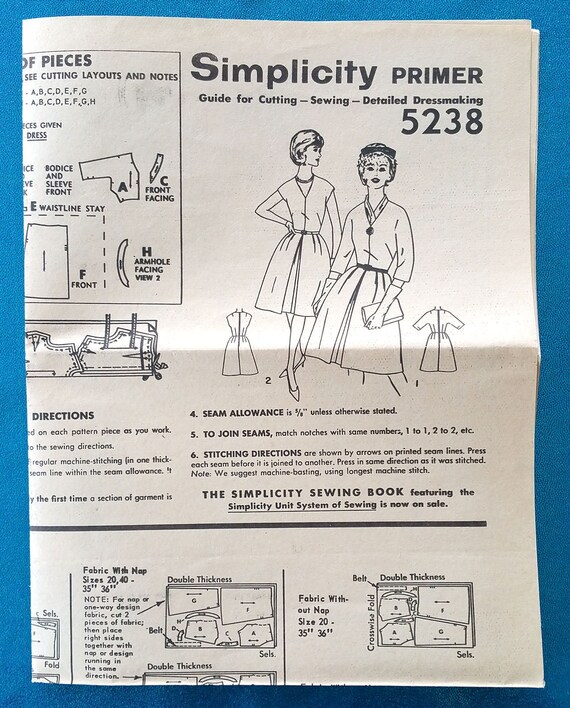 Vintage 1960s A-line Dress With V Neckline Sewing Pattern - Simplicity 5238  - Size 16 (36" Bust, 28" Waist, 38" Hip) - 1963 - Etsy