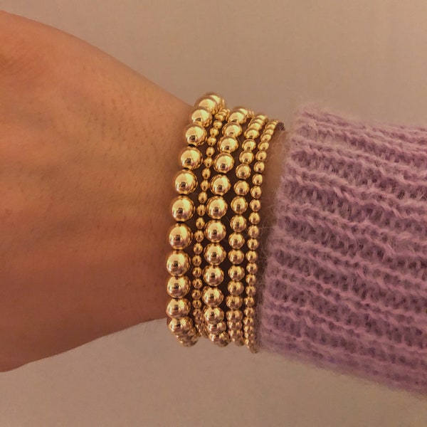 14k Gold-Filled Bead Bracelets, 3mm, 4mm, 5mm, 6mm, Stacking, Layering, Stretch Bracelets, Sold individually or as a set