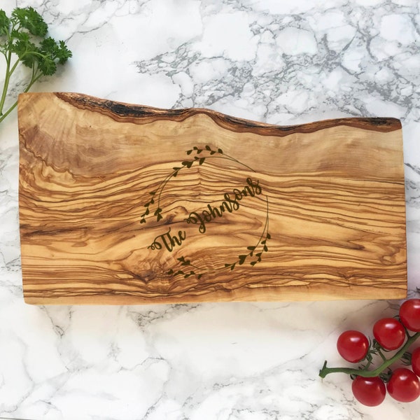 Personalized Cutting Board,  Olive Wood, Engraved Cheese Board,  Rustic Board, Personalized Wedding Gift, Olive Wood Board, Row Edge.