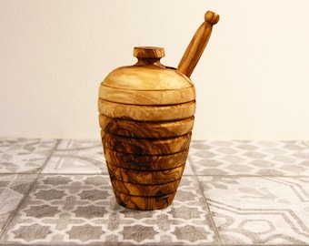 Tarro de miel con cucharón, tarro de miel, hecho a mano con madera de olivo natural, tarro de madera de olivo, tarro de miel de madera con cuchara de madera