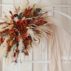 Burnt Orange Preserved Rose Flower Dried flowers Wedding arch,Flower Swag Backdrop,pampas Palm spear Flower arbor,Boho Wedding Centerpieces