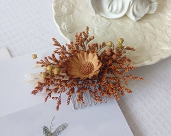 Rust Orange/Burnt Orange Preserved Flowers Boho Bridal Wedding Hair Comb