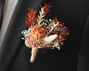 Rust Orange/Burnt Orange Dried Flowers Boutonnières Bunches/Dried Flower Bouquets/Wedding Groomsmen/Pampas Grass Arrangement | Boutonniere