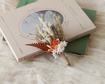 Rust Orange/Burnt Orange Dried Flowers Boutonnières Bunches/Dried Flower Bouquets/Wedding Groomsmen/Pampas Grass Arrangement | Boutonniere