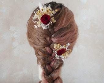 Tocado de flores secas de color rojo burdeos, horquillas de flores de boda boho, accesorios para el cabello de novia, peine de pelo de flores secas, tocado floral rústico