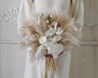 Bouquet da sposa erba di pampa e colore naturale polveroso/erba di pampa bouquet da sposa essiccato bouquet di fiori, spose Boho rustiche, bouquet da damigella d'onore