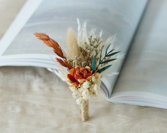 Burnt Orange Silk Floral Wedding Boutonniere,wedding flowers,Groom's pin wedding brooch/Handmade Buttonhole,lapel pin,wedding natural flower