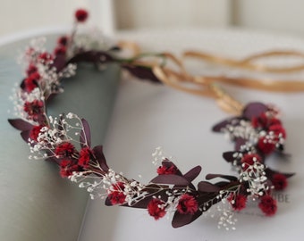 burgundy Orange Preserved Flower Crown - dried flowers, artificial leaves, Bridal Wreaths, Bridal Crowns,A flower crown