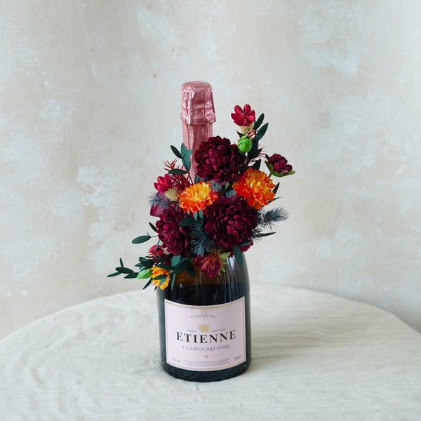 Arreglo floral para botella de vino, ramo de novia, ramo de botella de vino, regalo de vino, decoración de botella de vino, centro de mesa de vino, ramo de botella de champán