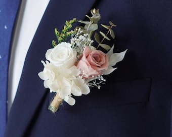 Boho Boutonniere per matrimonio rosa conservata essiccata, spilla dello sposo, spilla dello sposo, bouquet di nozze, decorazioni di nozze, asola di fiori conservati