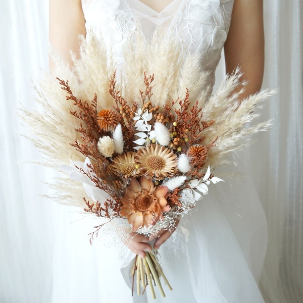 Pampas Grass& Rust Orange Dusty /Pampas Grass ramo de boda ramo de novia seco / ramo de flores secas, novias boho rústicas, ramo de dama de honor