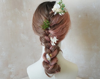 Tocado de flores secas blancas y verdes, horquillas de flores de boda boho, accesorios para el cabello de novia, peine de pelo de flores secas, tocado floral rústico