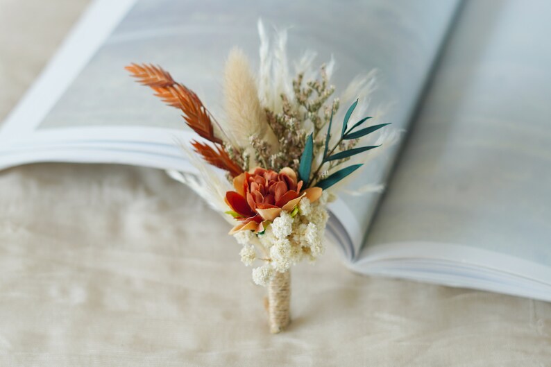 Burnt Orange Silk Floral Wedding Boutonniere,wedding flowers,Groom's pin wedding brooch/Handmade Buttonhole,lapel pin,wedding natural flower image 7