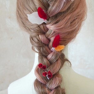 Postiche de fleurs séchées orange et rouge, épingles à cheveux de fleurs de mariage Boho, accessoires de cheveux de mariée, peigne à cheveux de fleurs séchées, casque floral rustique image 6