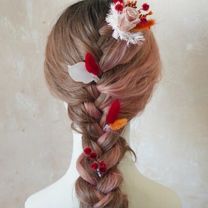 Postiche de fleurs séchées orange et rouge, épingles à cheveux de fleurs de mariage Boho, accessoires de cheveux de mariée, peigne à cheveux de fleurs séchées, casque floral rustique image 1