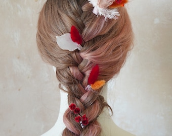 Tocado de flores secas naranja y rojo, horquillas de flores de boda boho, accesorios para el cabello de novia, peine de pelo de flores secas, tocado floral rústico