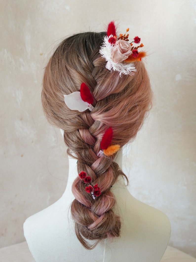 Postiche de fleurs séchées orange et rouge, épingles à cheveux de fleurs de mariage Boho, accessoires de cheveux de mariée, peigne à cheveux de fleurs séchées, casque floral rustique image 1