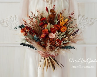 Bridesmaid bouquet,Burnt Orange Natural Style Preserved/Pampas Grass wedding bouquet Dried Bridal Preserved bouquet Flower,Rustic Boho Bride