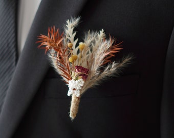 Boutonnières de fleurs séchées orange rouille/orange brûlé, bouquets de fleurs séchées/mariage garçons d'honneur/arrangement d'herbe de la pampa | Boutonnière