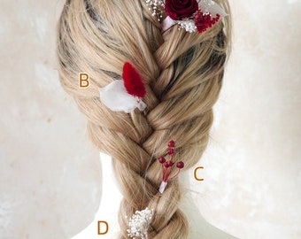 Bourgondische rode gedroogde bloem haarstukje, Boho bruiloft bloemen haarspelden, bruids haaraccessoires, gedroogde bloem haar kam, rustieke bloemen hoofddeksel