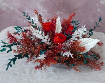 Bright Orange Preserved Roses& Pampas grass Table Flowers,Flower Swag Backdrop,Bohemian Wedding Centerpieces,30 cm*18 cm*15 cm