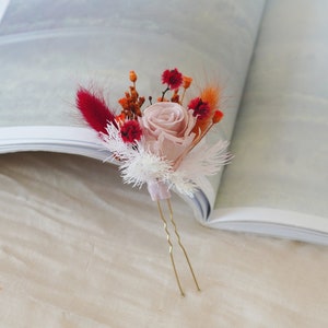 Postiche de fleurs séchées orange et rouge, épingles à cheveux de fleurs de mariage Boho, accessoires de cheveux de mariée, peigne à cheveux de fleurs séchées, casque floral rustique image 8