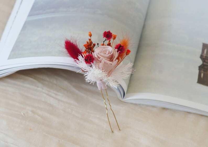 Postiche de fleurs séchées orange et rouge, épingles à cheveux de fleurs de mariage Boho, accessoires de cheveux de mariée, peigne à cheveux de fleurs séchées, casque floral rustique image 8