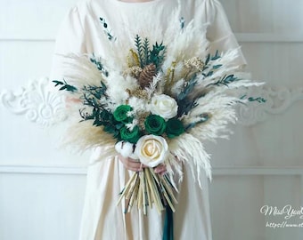Green Rose &Silk Flowers Rustic bohemian Wedding Bridal Flowers,Artificial Faux Wedding,Bridal/bridesmaid bouquet,Wedding decoration