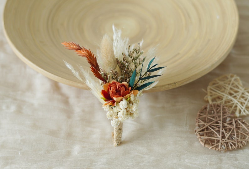 Burnt Orange Silk Floral Wedding Boutonniere,wedding flowers,Groom's pin wedding brooch/Handmade Buttonhole,lapel pin,wedding natural flower image 8