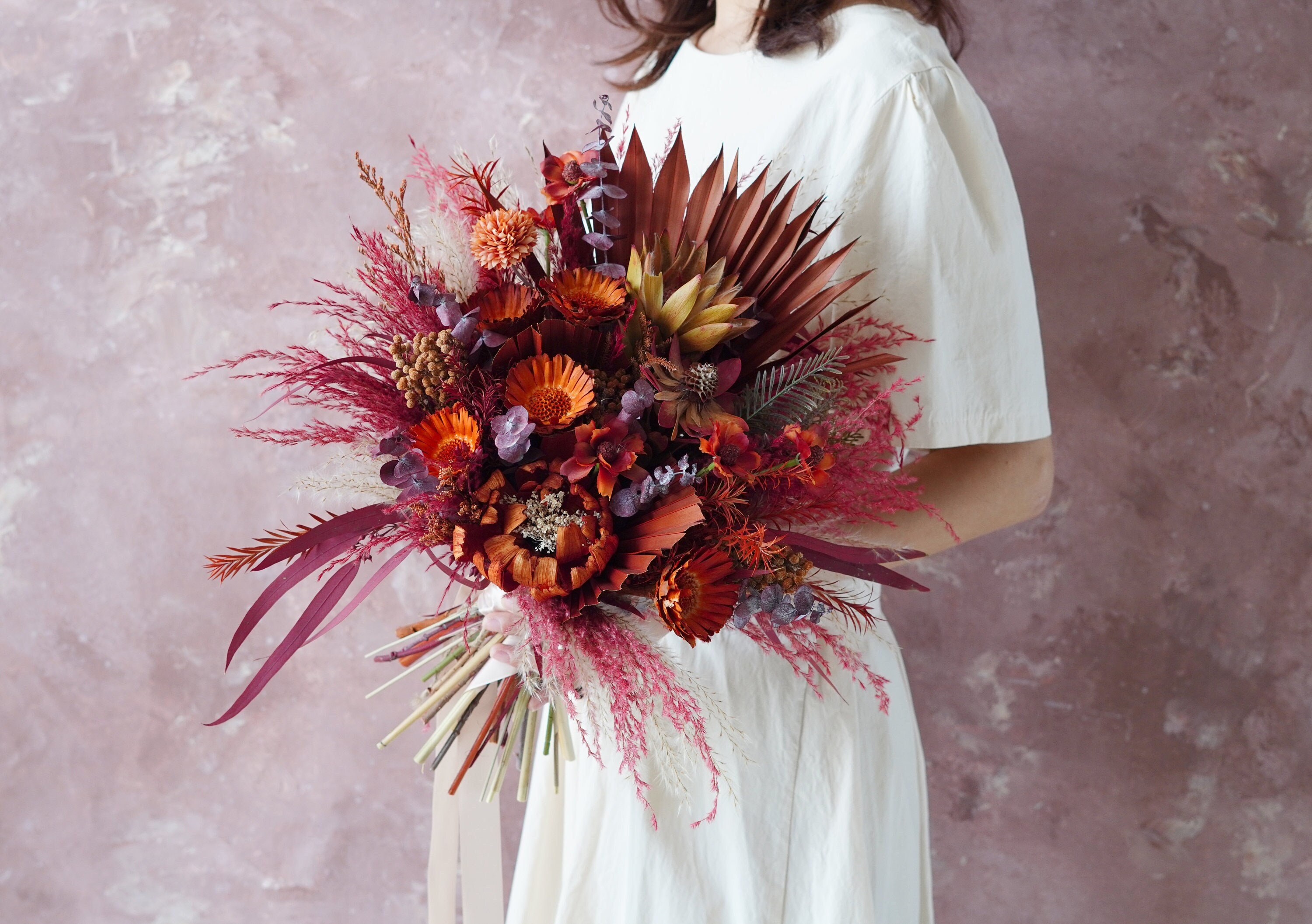 Fiori Di Borgogna, 25 Teste Di Fiori Artificiali In Seta, Secchi