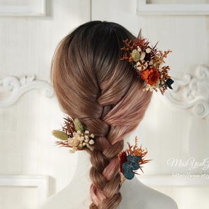 Burnt Orange Preserved Dried flower Hairpiece,Boho Wedding Flowers Hairpins,Bridal Hair Accessories,Dried Flower Hair Comb,Rustic Headpiece