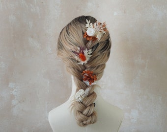 Verbrande oranje gedroogde bloem haarstukje, Boho bruiloft bloemen haarspelden, bruids haaraccessoires, gedroogde bloem haar kam, rustieke bloemen hoofddeksel