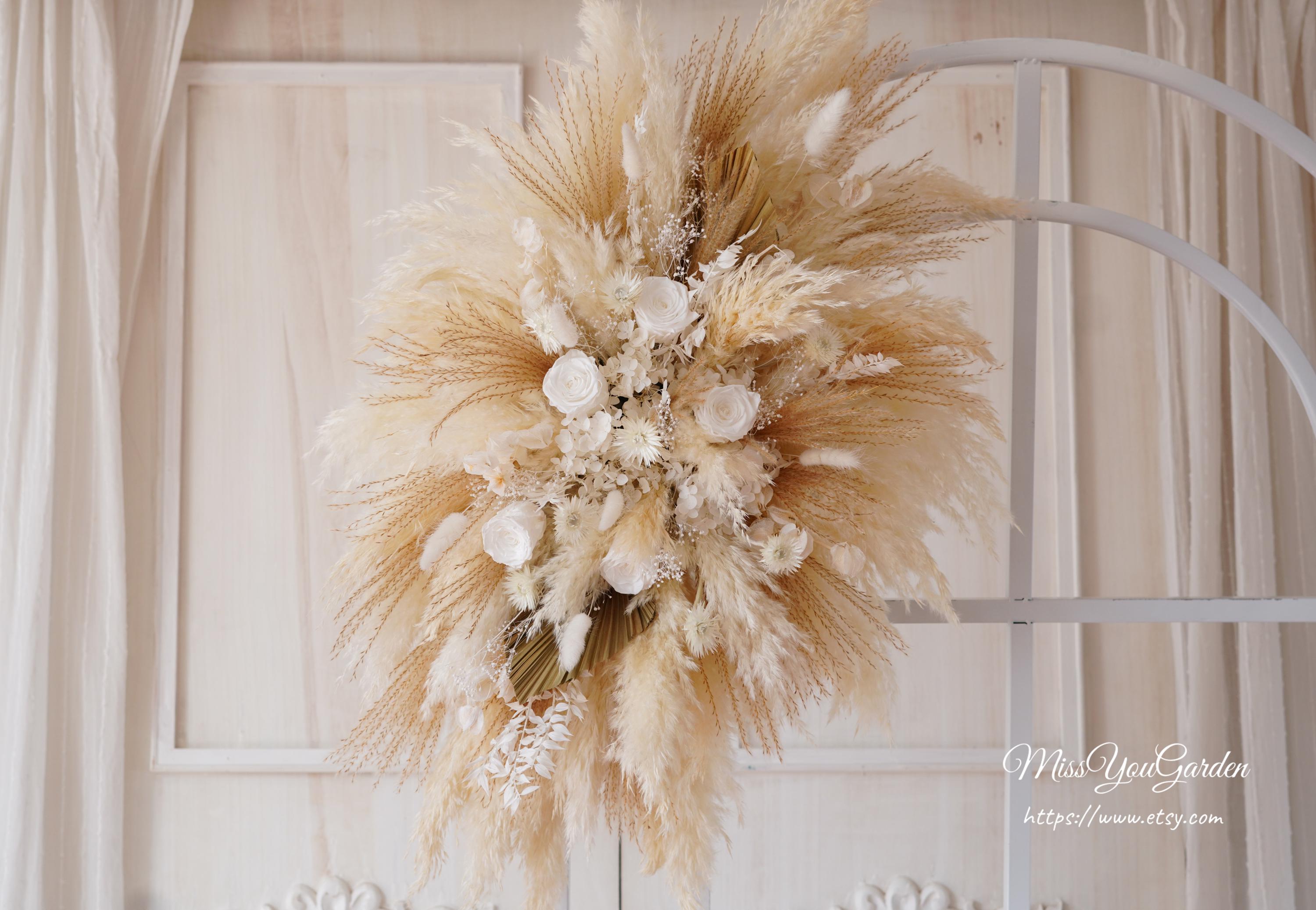 Preserved Rose Pampas Grass Wedding Backdrop,Dried flower Wedding arch,pampas Flower arbor,Bohemian Wedding Centerpiece