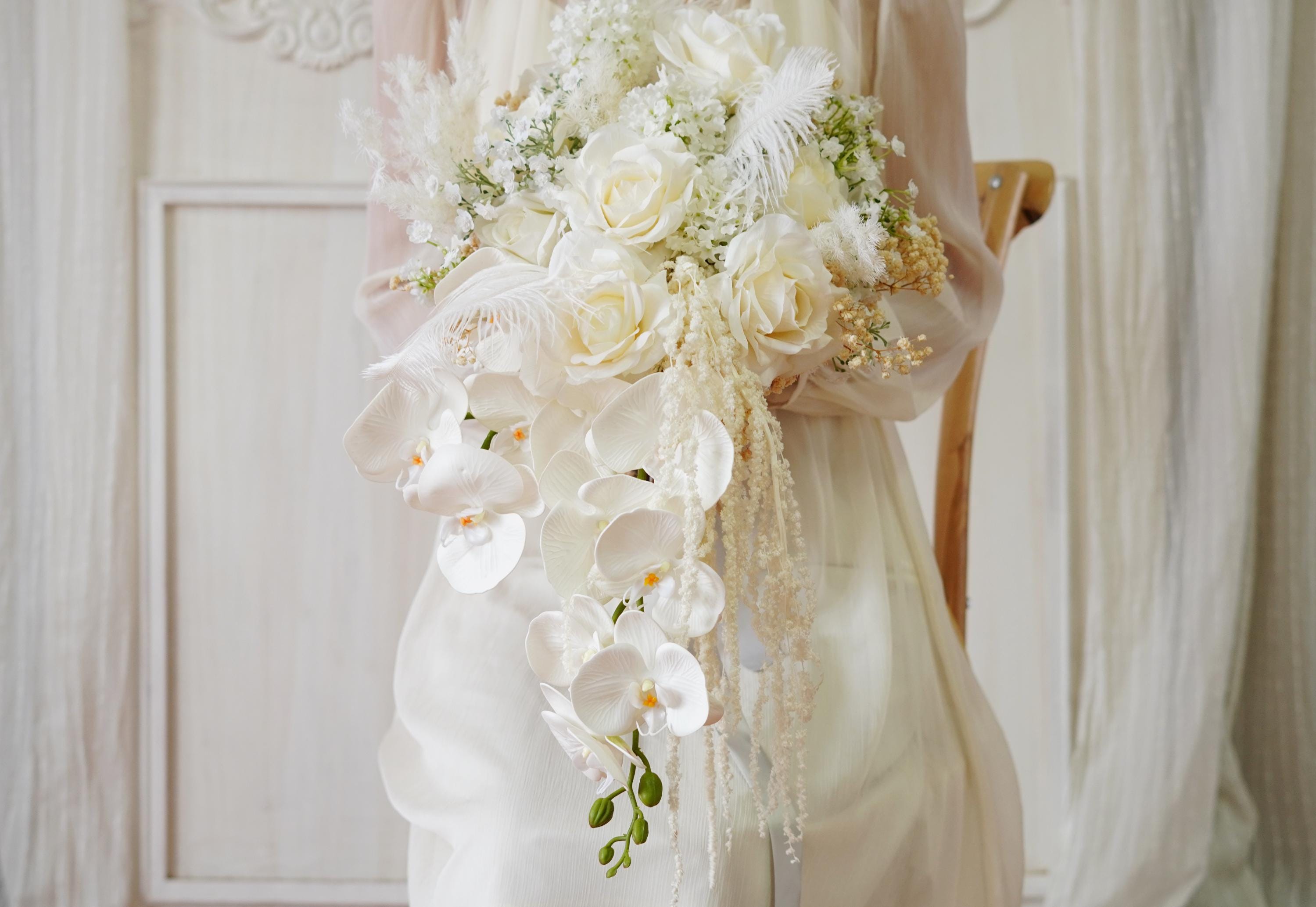 Cascading Bouquets,white Silk Moth Orchid Pampas Grass Wedding