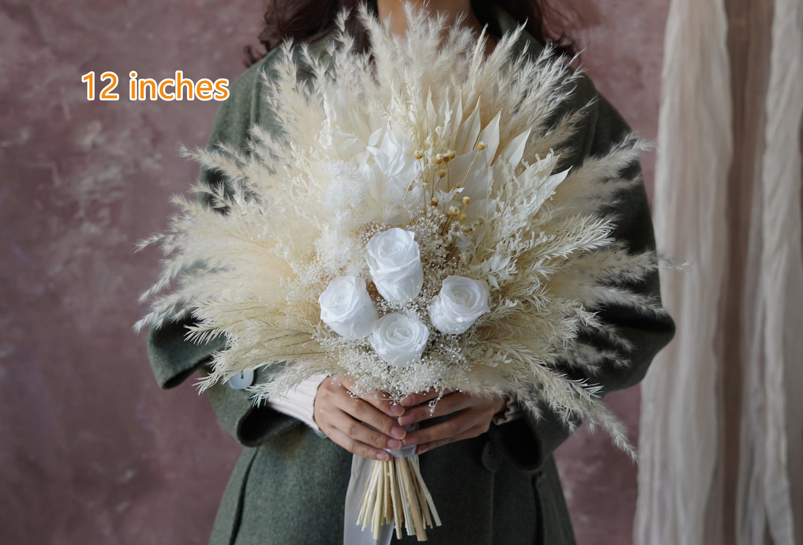 Bouquet de mariée herbe de la pampa rose blanche stabilisée Bouquet de ...