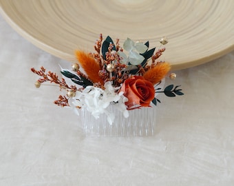 Orange Konservierte Rose Getrocknete Blumen Haarschmuck,Boho Hochzeitsblumen Haarnadeln,Braut Haarschmuck,Trockenblumen Haarkamm,Rustikaler Kopfschmuck