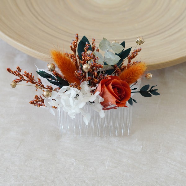 orange Preserved Rose Dried flower Hairpiece,Boho Wedding Flowers Hairpins,Bridal Hair Accessories,Dried Flower Hair Comb,Rustic Headpiece