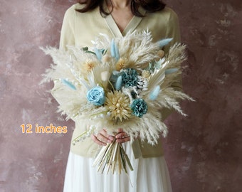 Pampas grass bouquet w/ Azure Preserved Roses,Rustic boho Wedding Flowers Bouquet,Artificial Faux Wedding Decor,Bridal/bridesmaids bouquets