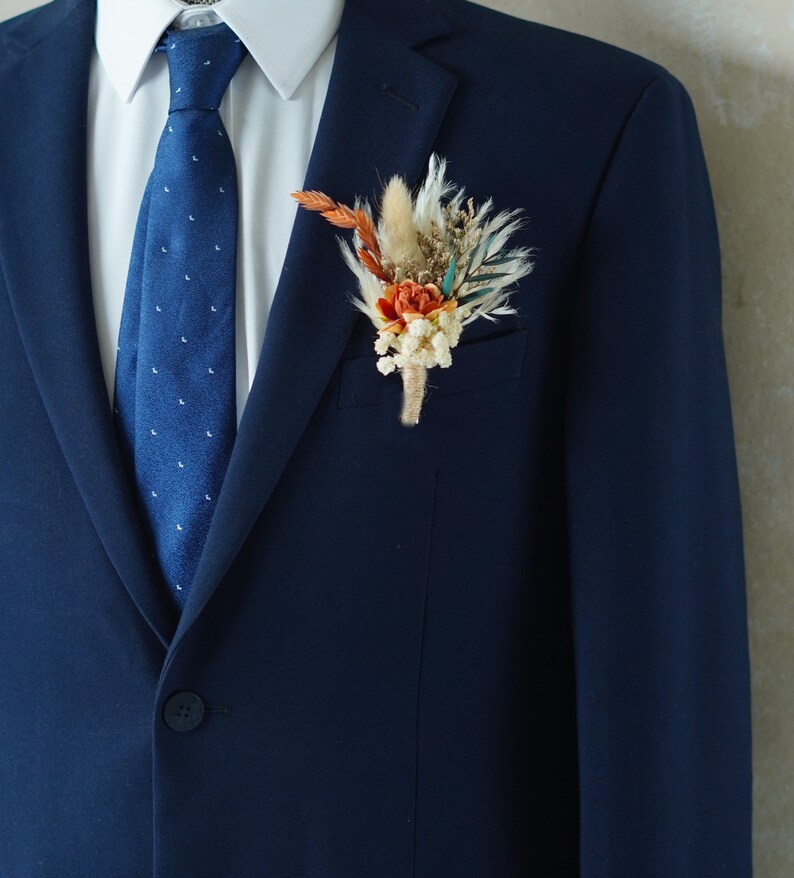 Burnt Orange Silk Floral Wedding Boutonniere,wedding flowers,Groom's pin wedding brooch/Handmade Buttonhole,lapel pin,wedding natural flower image 3