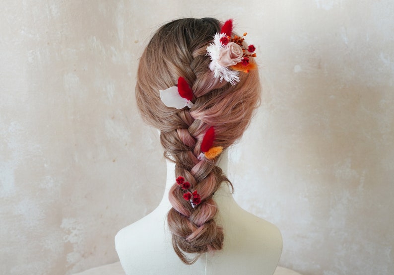 Postiche de fleurs séchées orange et rouge, épingles à cheveux de fleurs de mariage Boho, accessoires de cheveux de mariée, peigne à cheveux de fleurs séchées, casque floral rustique image 5