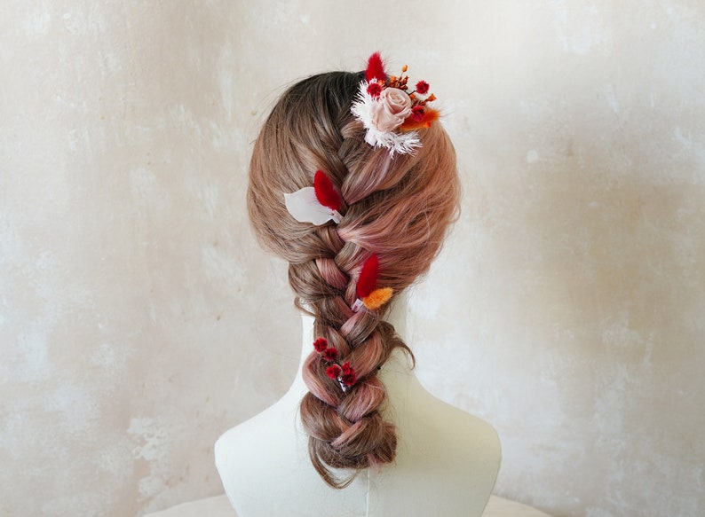 Postiche de fleurs séchées orange et rouge, épingles à cheveux de fleurs de mariage Boho, accessoires de cheveux de mariée, peigne à cheveux de fleurs séchées, casque floral rustique image 3