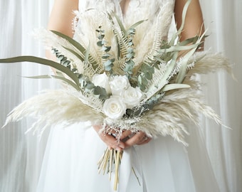 Preserved White roses & Eucalyptus Pampas Grass wedding bouquet Dried Bridal bouquet/Dry Flower Wedding,RusticBoho Brides,Bridesmaid bouquet