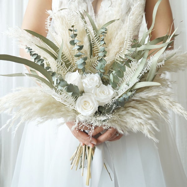 Preserved White roses & Eucalyptus Pampas Grass wedding bouquet Dried Bridal bouquet/Dry Flower Wedding,RusticBoho Brides,Bridesmaid bouquet