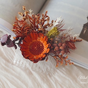 Burnt Orange daisy dried flowe hair comb,pampass grass hair pin,Bohemian Wedding Accessories,Boho Bridal Wedding Hair Comb