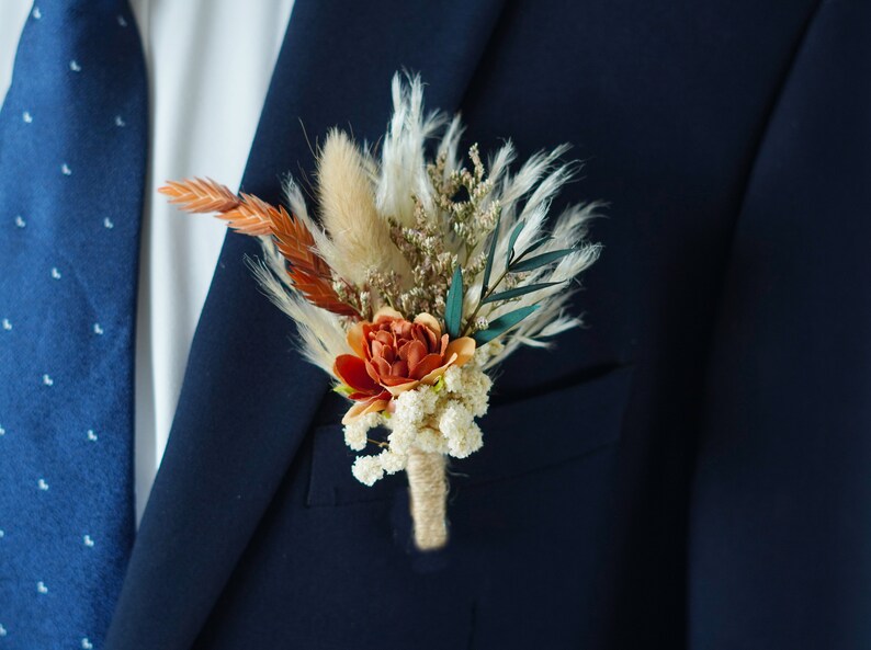 Burnt Orange Silk Floral Wedding Boutonniere,wedding flowers,Groom's pin wedding brooch/Handmade Buttonhole,lapel pin,wedding natural flower image 4