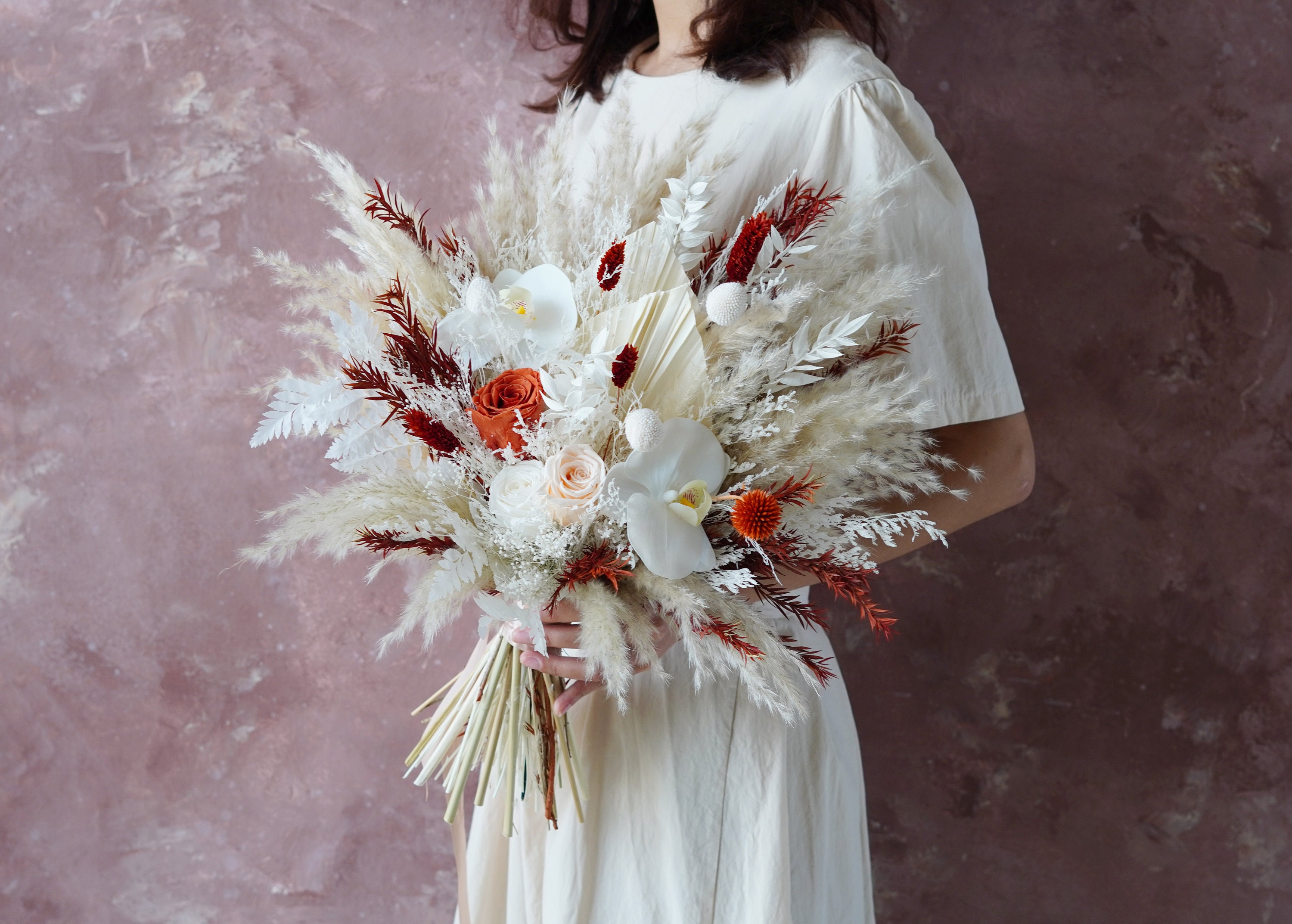 White & Burgundy Red Dried Natural Flowers Rustic bohemian Wedding Bridal Flower Bouquet,Artificial Faux Wedding,Bridal/bridesmaids bouquets