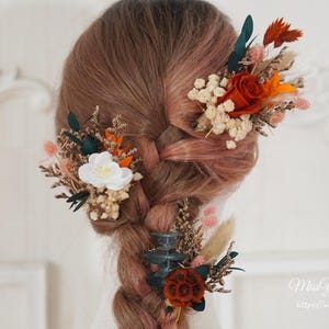 Burnt Orange Preserved Dried flower Hairpiece,Boho Wedding Flowers Hairpins,Bridal Hair Accessories,Dried Flower Hair Comb,Rustic Headpiece